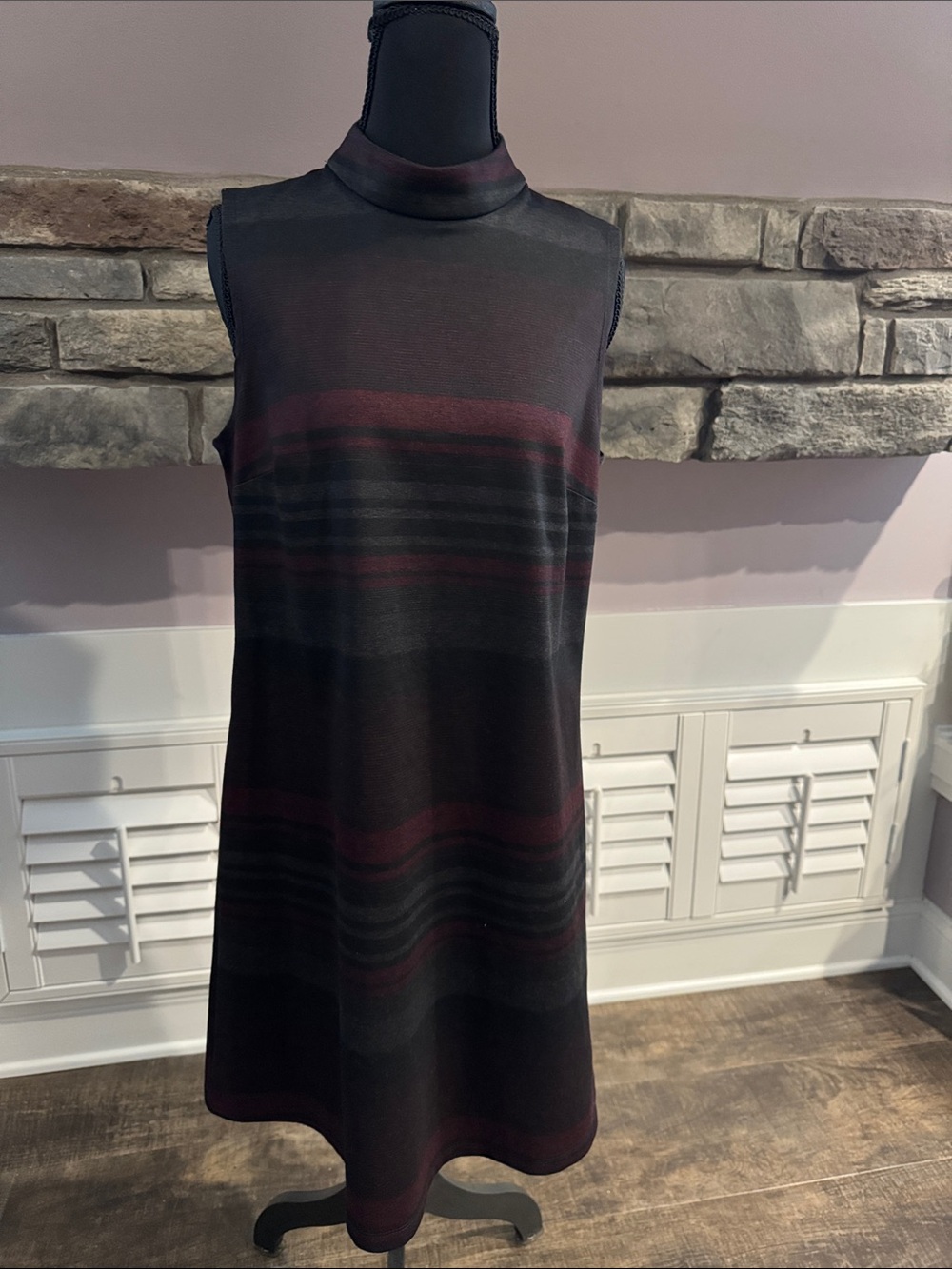 Sleeveless Mock Neck Midi Dress in Black and Deep Burgundy with sweater.